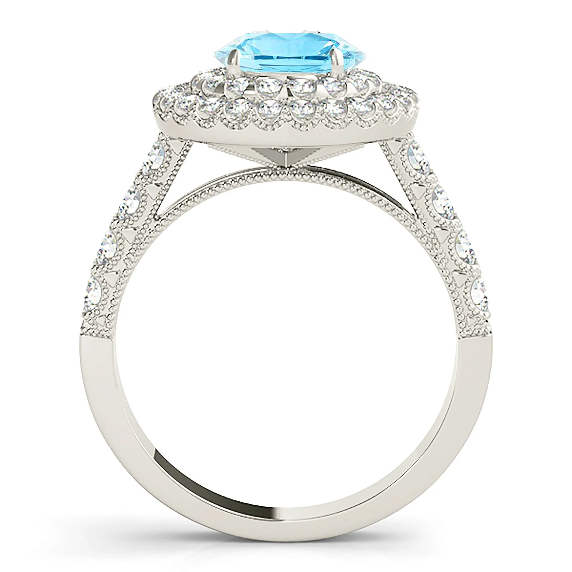 1.10 ct. Genuine Aquamarine Ring with Double Row Halo And  Milgrain Design