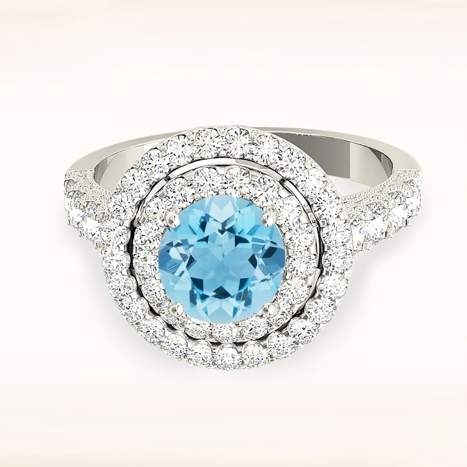 1.10 ct. Genuine Aquamarine Ring with Double Row Halo And  Milgrain Design