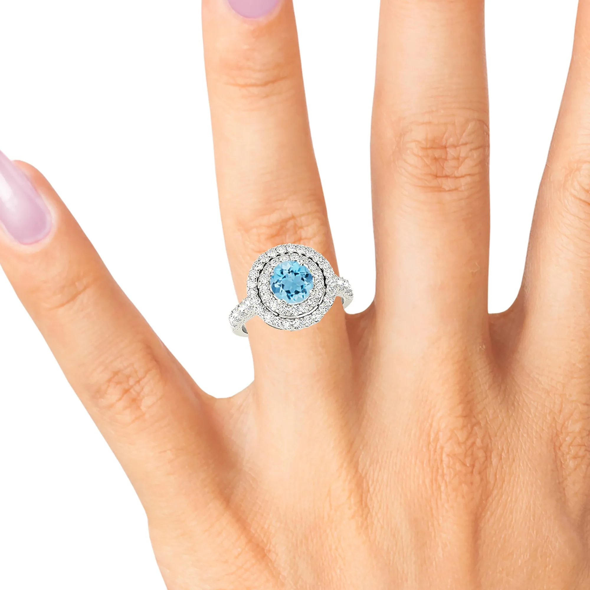 1.10 ct. Genuine Aquamarine Ring with Double Row Halo And  Milgrain Design