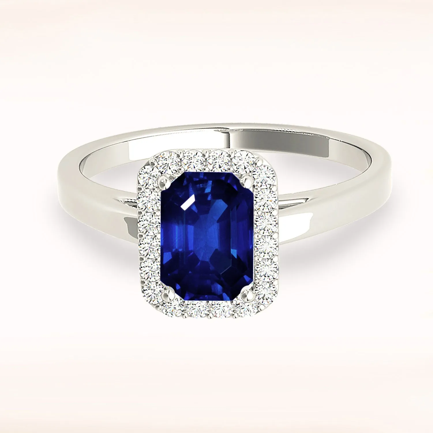 1.15 ct. Genuine Blue Emerald Cut Sapphire Ring With Halo Style