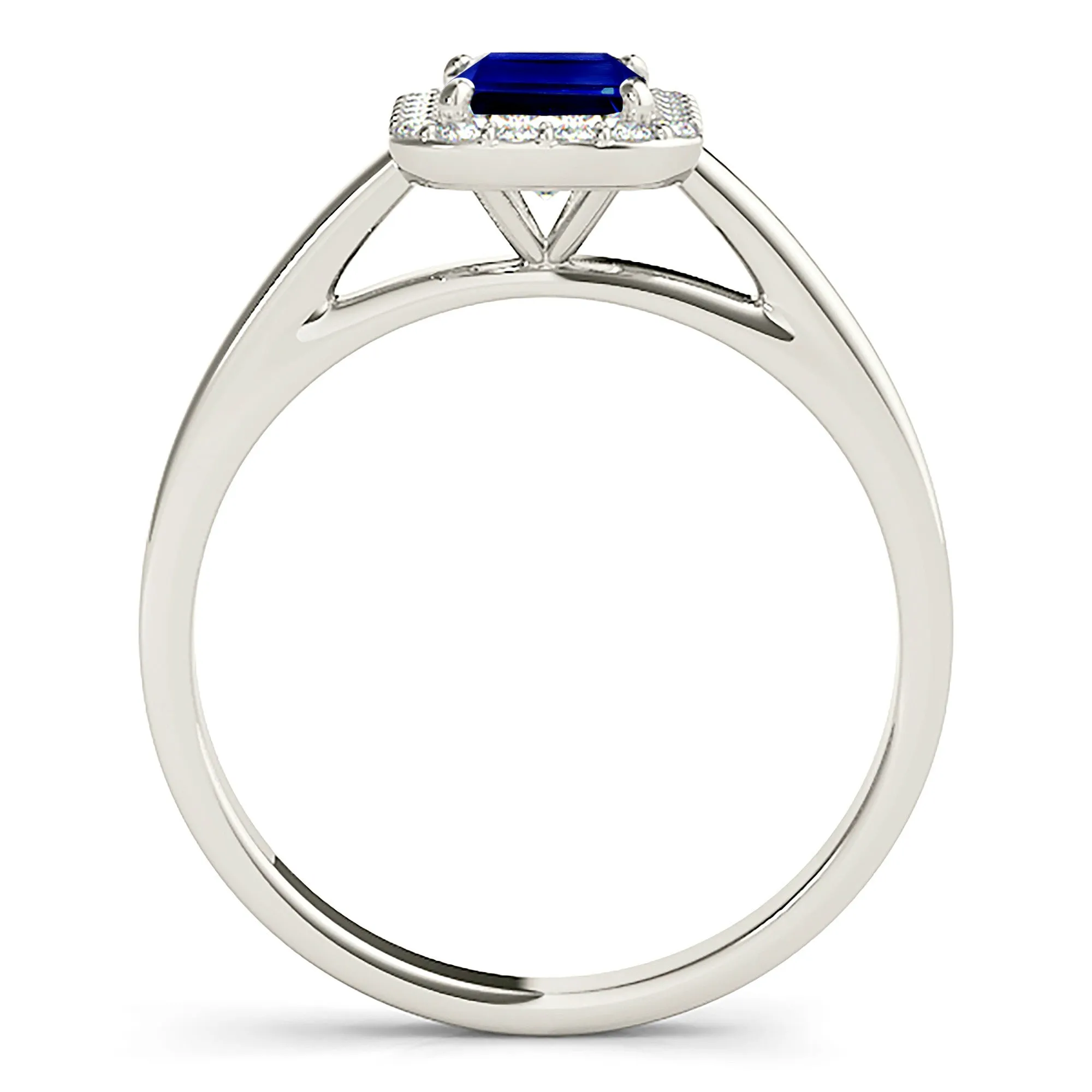 1.15 ct. Genuine Blue Emerald Cut Sapphire Ring With Halo Style