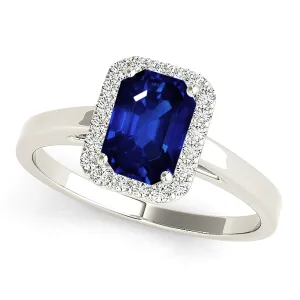 1.15 ct. Genuine Blue Emerald Cut Sapphire Ring With Halo Style