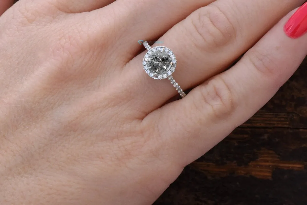 1.46 ct Salt and Pepper halo diamond engagement ring - 14k 18K White Gold