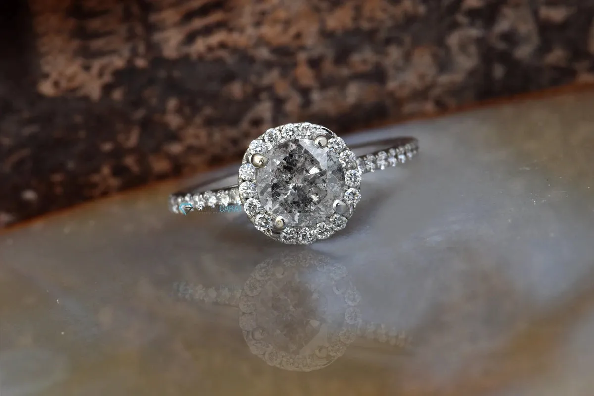 1.46 ct Salt and Pepper halo diamond engagement ring - 14k 18K White Gold