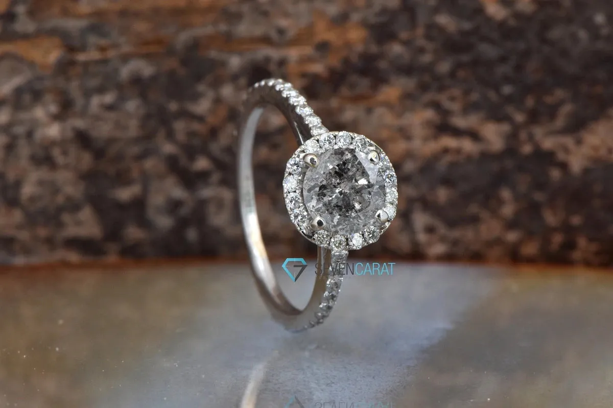 1.46 ct Salt and Pepper halo diamond engagement ring - 14k 18K White Gold