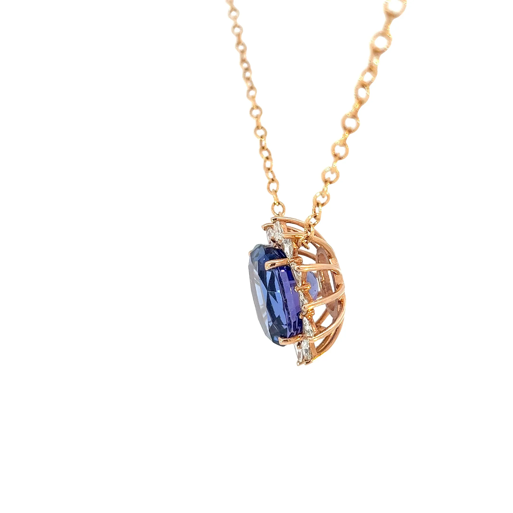 14K Rose Gold 18.36ct Oval Tanzanite and 1.85ct G SI1  Trillion Diamond Necklace