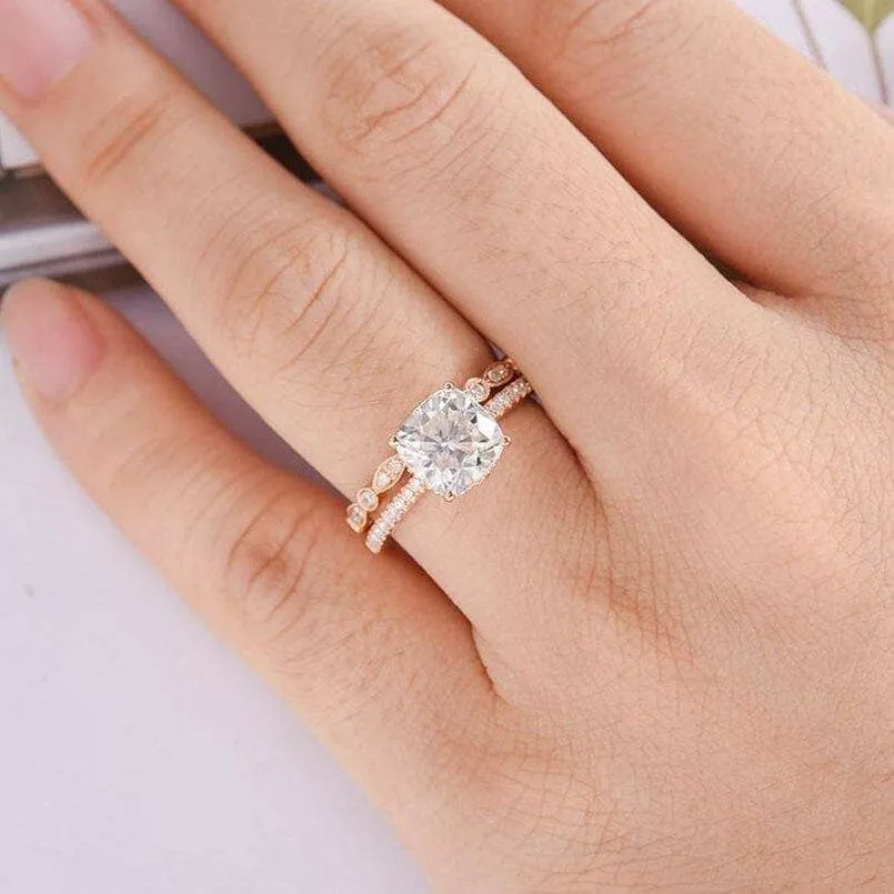 14k Rose Gold 2ct 7.5mm Cushion Cut Diamond Bridal Ring Set