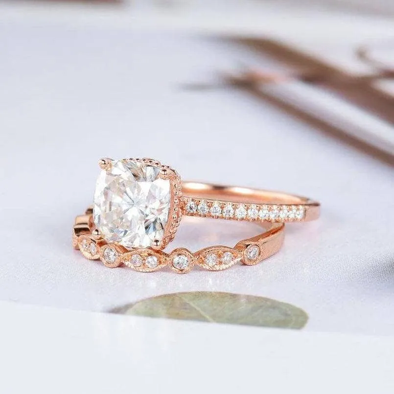 14k Rose Gold 2ct 7.5mm Cushion Cut Diamond Bridal Ring Set