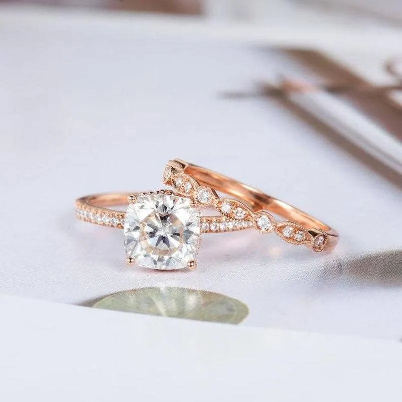 14k Rose Gold 2ct 7.5mm Cushion Cut Diamond Bridal Ring Set