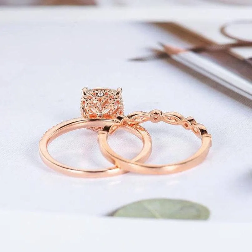 14k Rose Gold 2ct 7.5mm Cushion Cut Diamond Bridal Ring Set