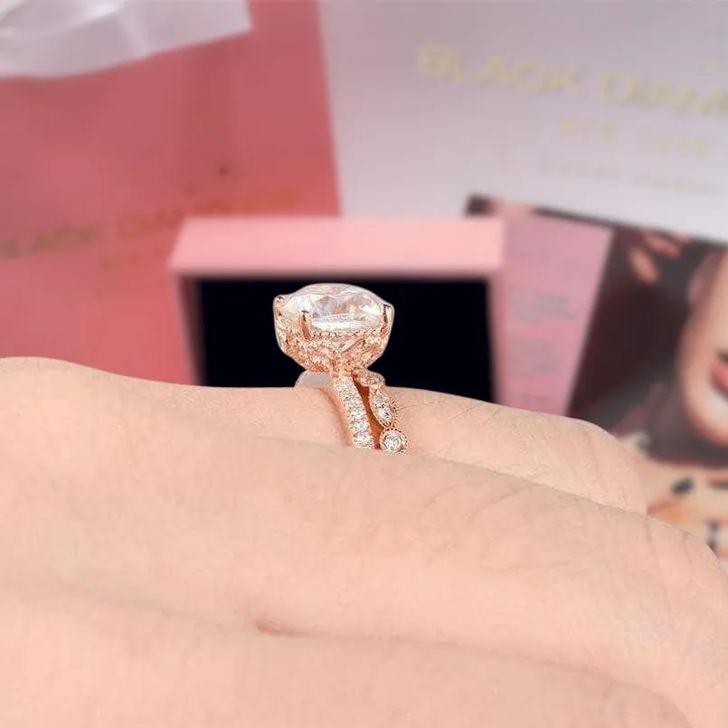 14k Rose Gold 2ct 7.5mm Cushion Cut Diamond Bridal Ring Set