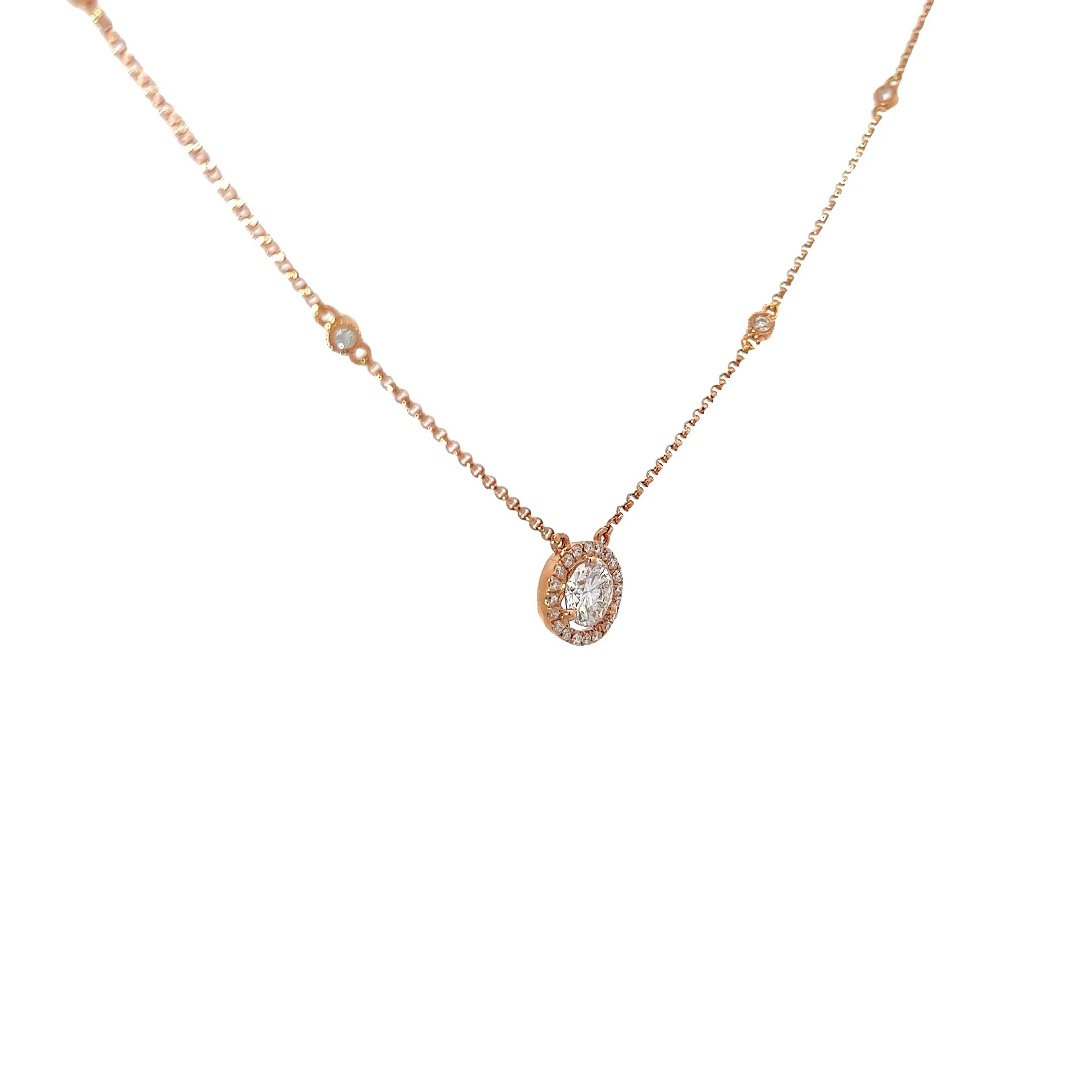 14k Rose Gold .70ct G VS2 Center Round Diamond and along Halo .23ct G VS2 Round Solitaire Necklace
