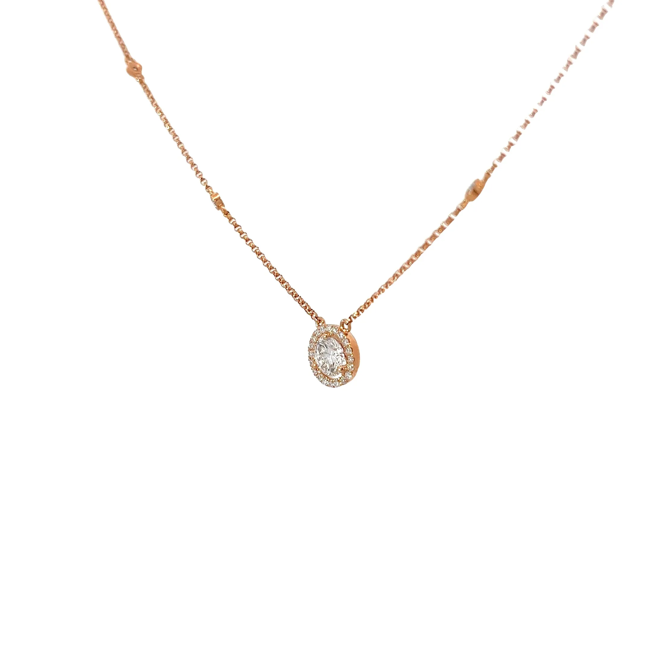 14k Rose Gold .70ct G VS2 Center Round Diamond and along Halo .23ct G VS2 Round Solitaire Necklace