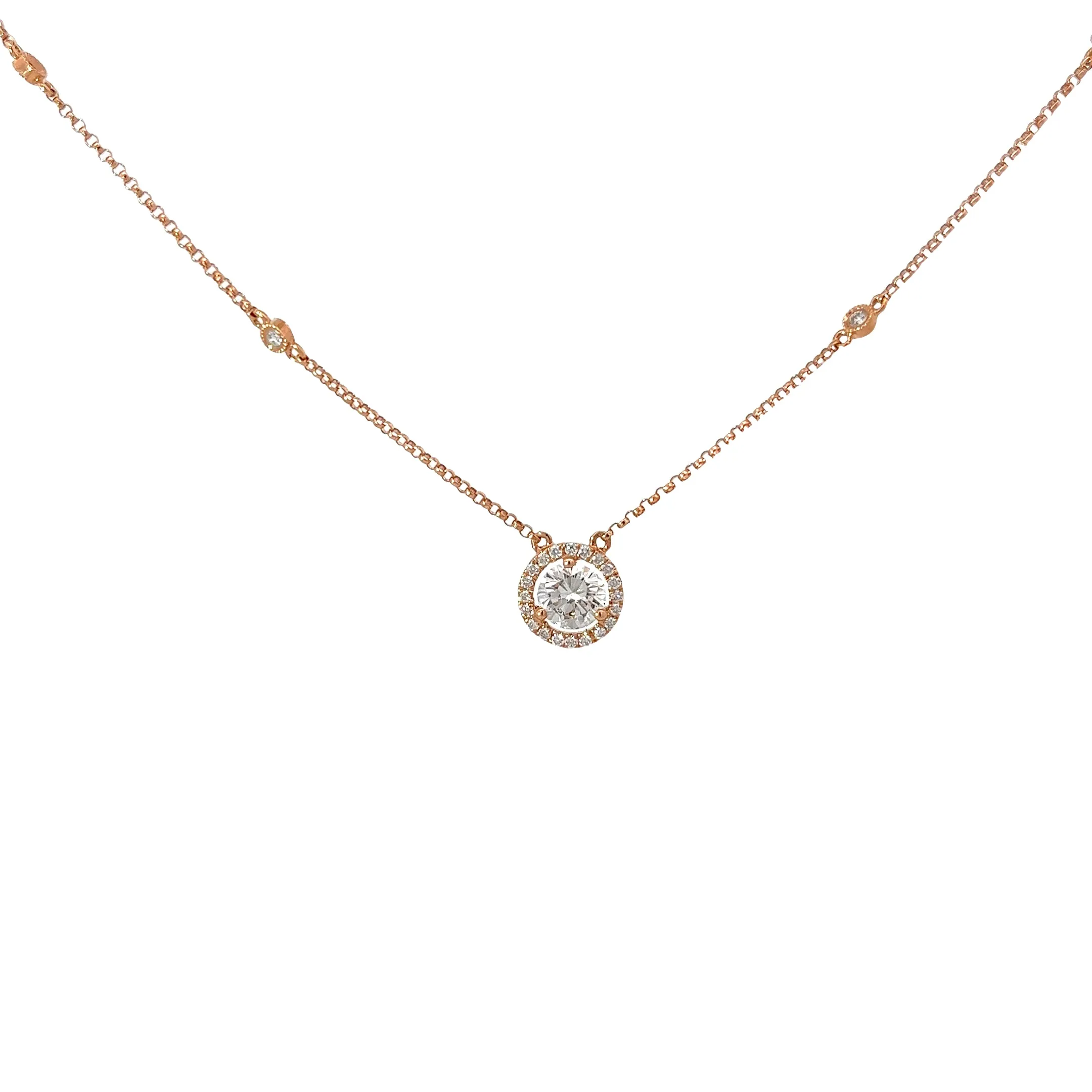 14k Rose Gold .70ct G VS2 Center Round Diamond and along Halo .23ct G VS2 Round Solitaire Necklace