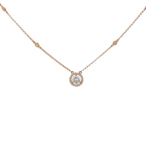 14k Rose Gold .70ct G VS2 Center Round Diamond and along Halo .23ct G VS2 Round Solitaire Necklace