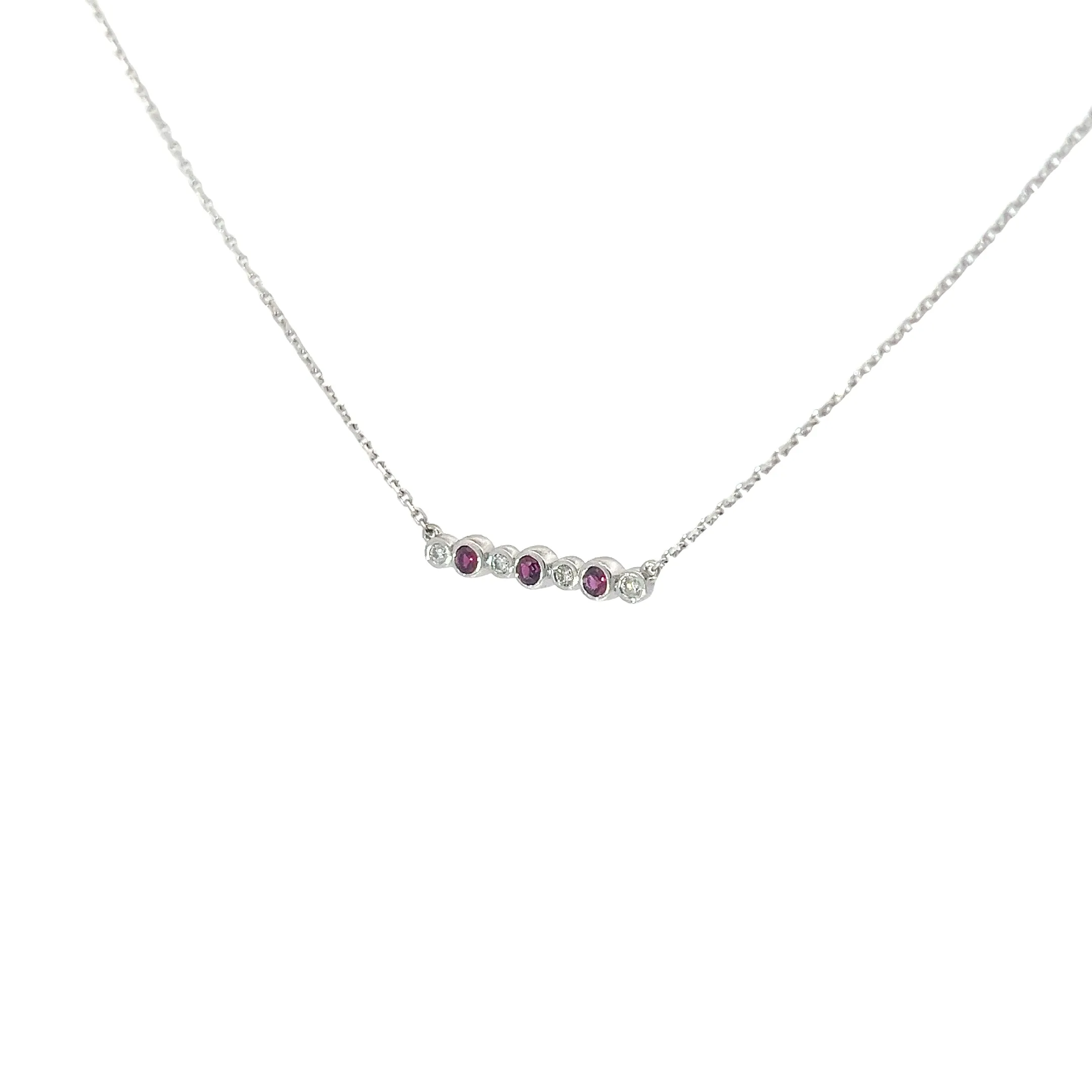 14K WHITE GOLD .15CT RUBY AND .05CT DIAMOND BAR NECKLACE