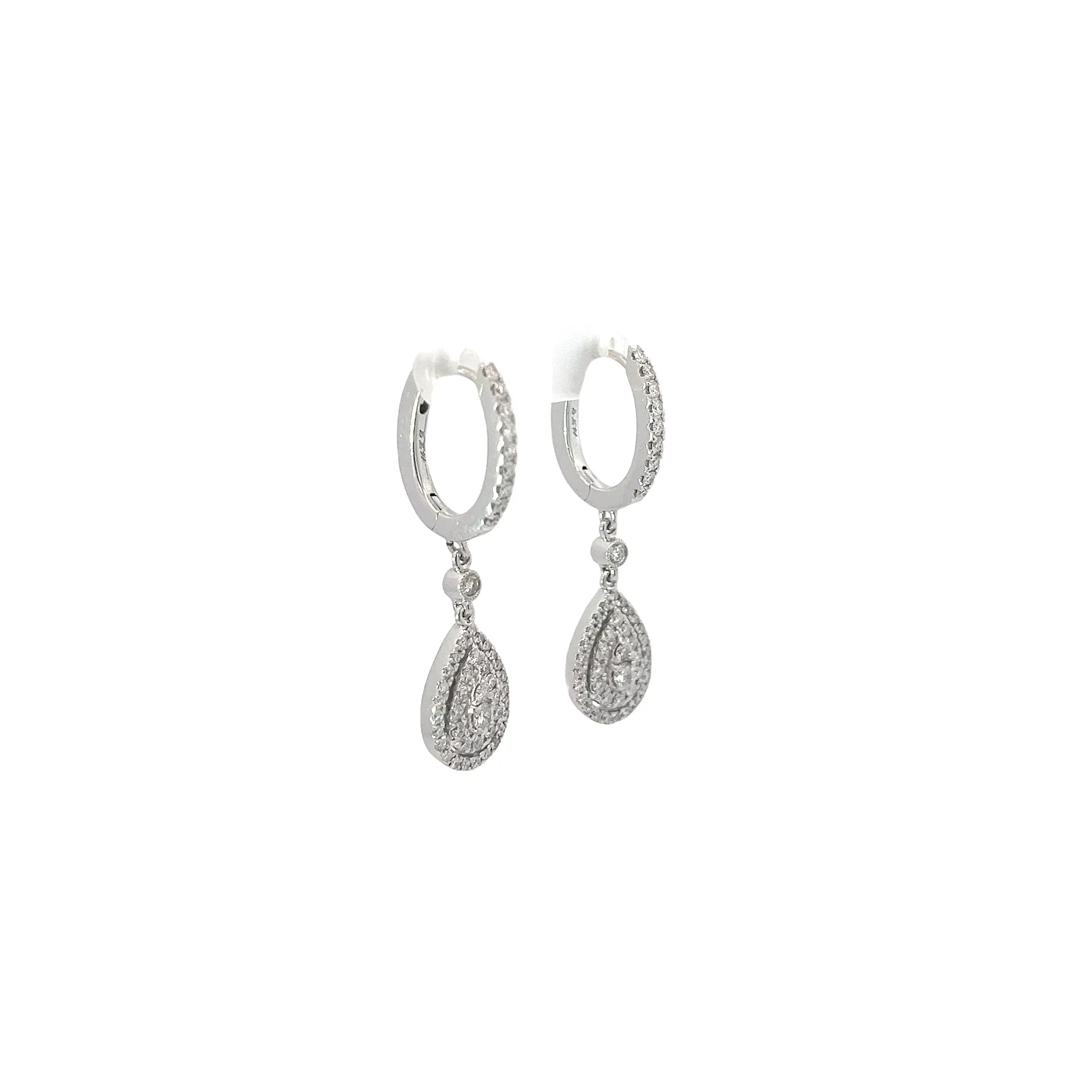 14k White Gold 1ct G VS2 Round Pear Shape Cluster Diamond Dangle Earrings