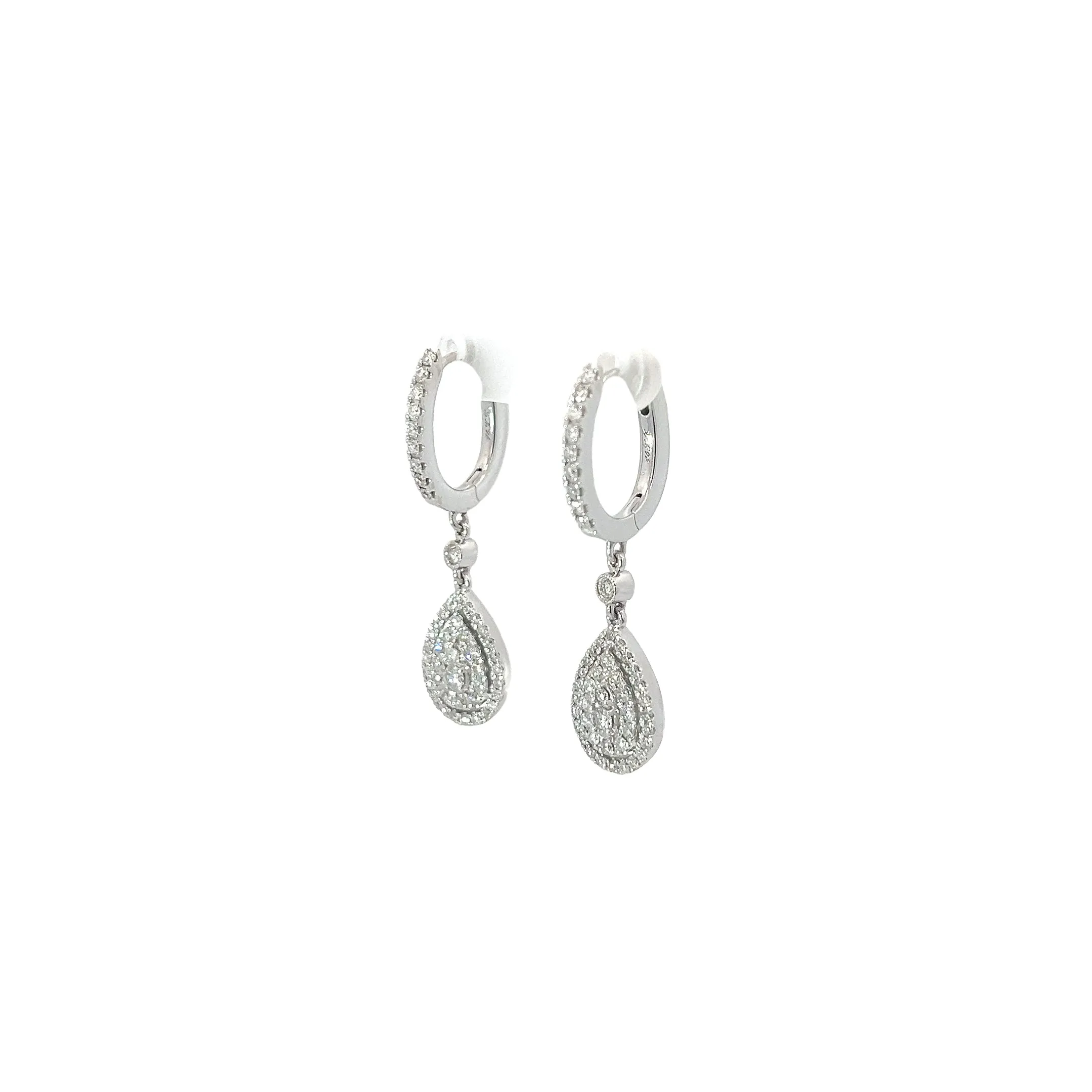 14k White Gold 1ct G VS2 Round Pear Shape Cluster Diamond Dangle Earrings