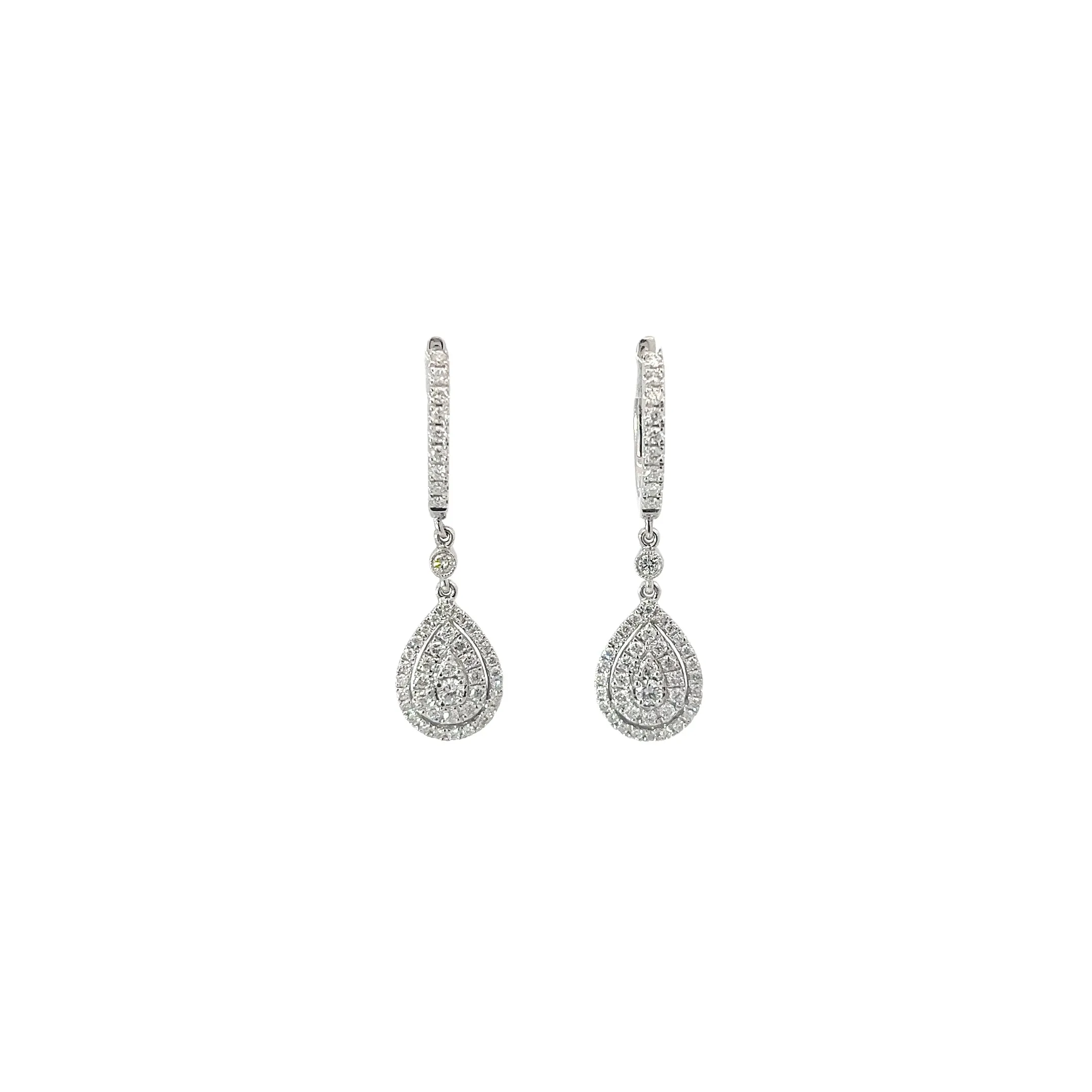 14k White Gold 1ct G VS2 Round Pear Shape Cluster Diamond Dangle Earrings