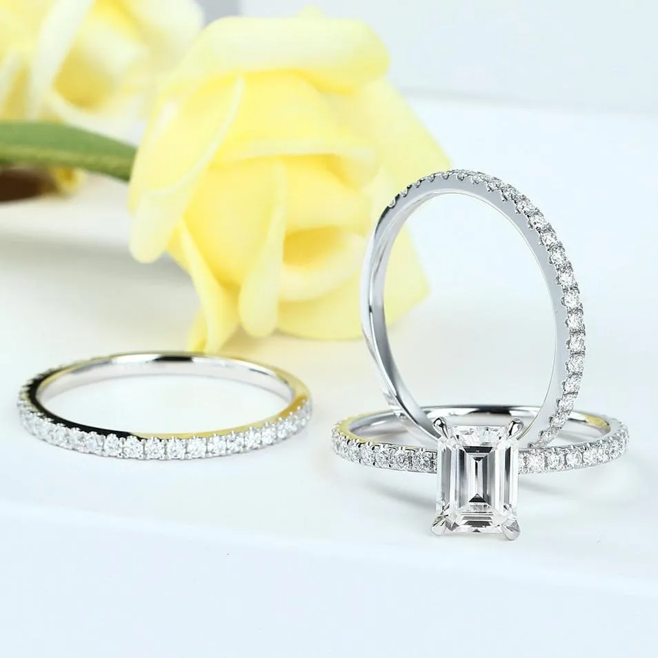 14k White Gold 2.0 Ct Emerald Cut Diamond Hidden Halo Engagement Ring Set