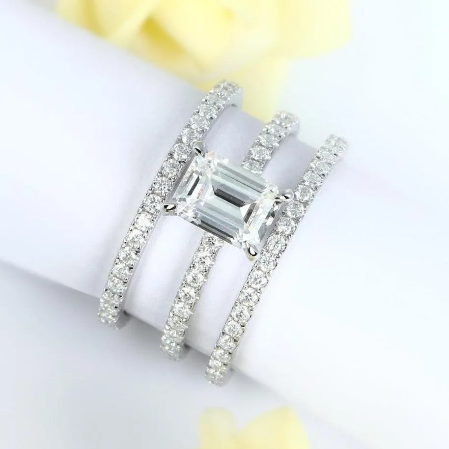 14k White Gold 2.0 Ct Emerald Cut Diamond Hidden Halo Engagement Ring Set
