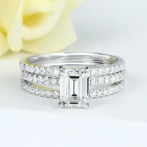 14k White Gold 2.0 Ct Emerald Cut Diamond Hidden Halo Engagement Ring Set