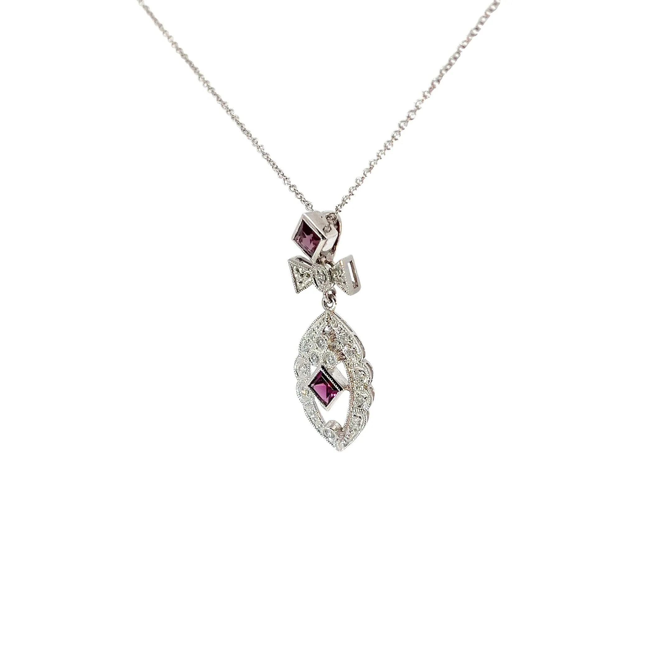 14k White Gold .35ct G VS2 Round Diamond and Princess Cut Garnet necklace