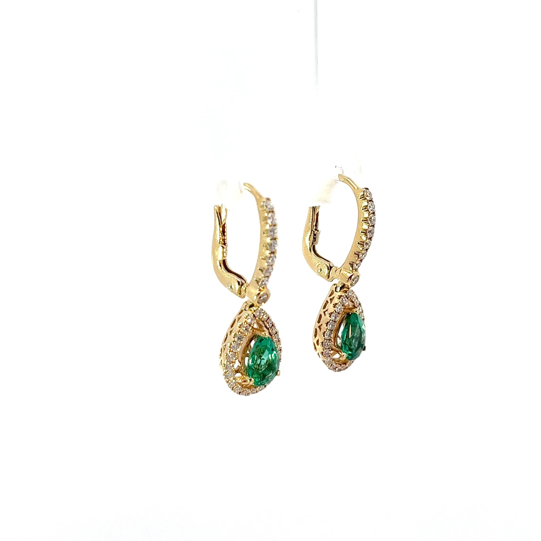 14k Yellow Gold 1.50ct Colombian Emerald Pear Shape and .61ct F VS2 Round Diamond Drop Earrings