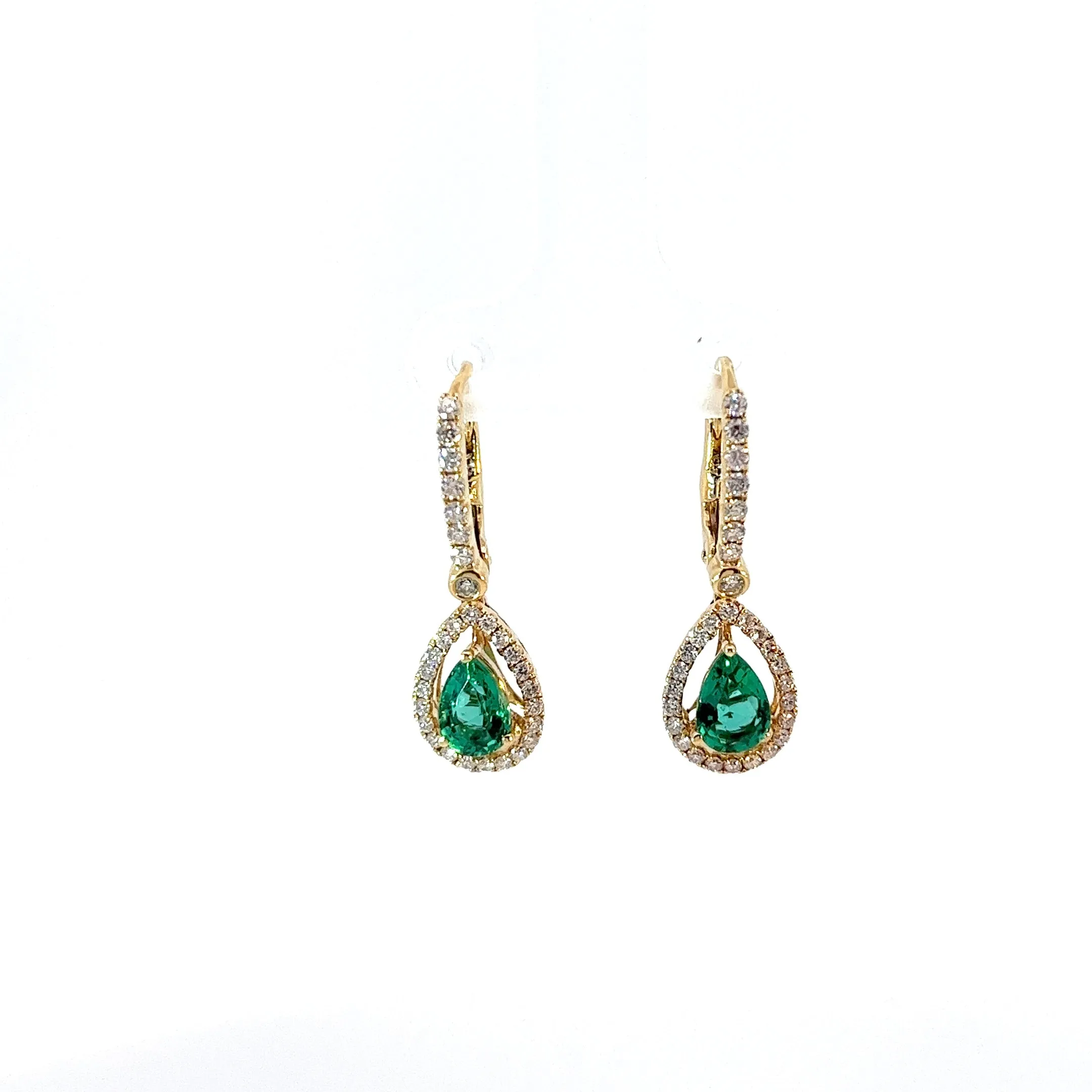 14k Yellow Gold 1.50ct Colombian Emerald Pear Shape and .61ct F VS2 Round Diamond Drop Earrings