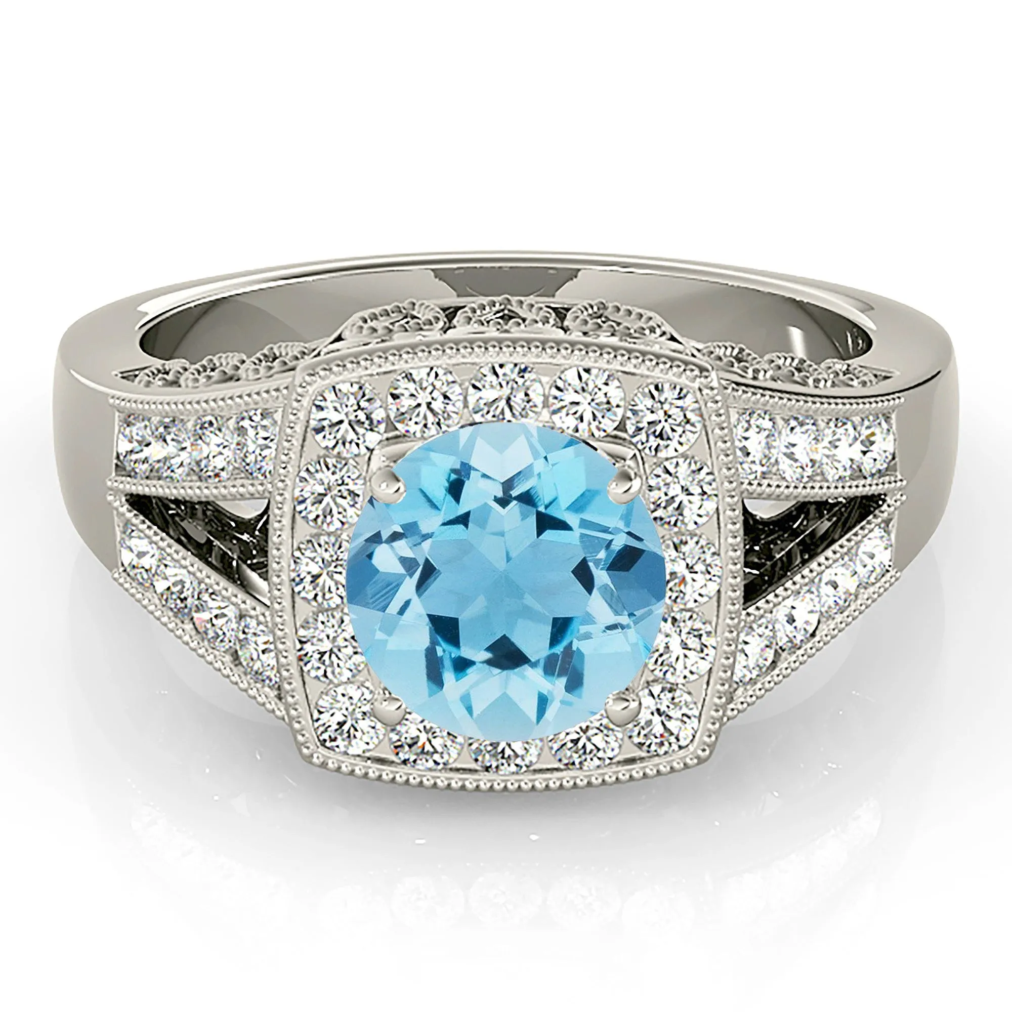 1.65 ct. Genuine Aquamarine Ring With Cushion Halo And Fancy Filigree Diamond