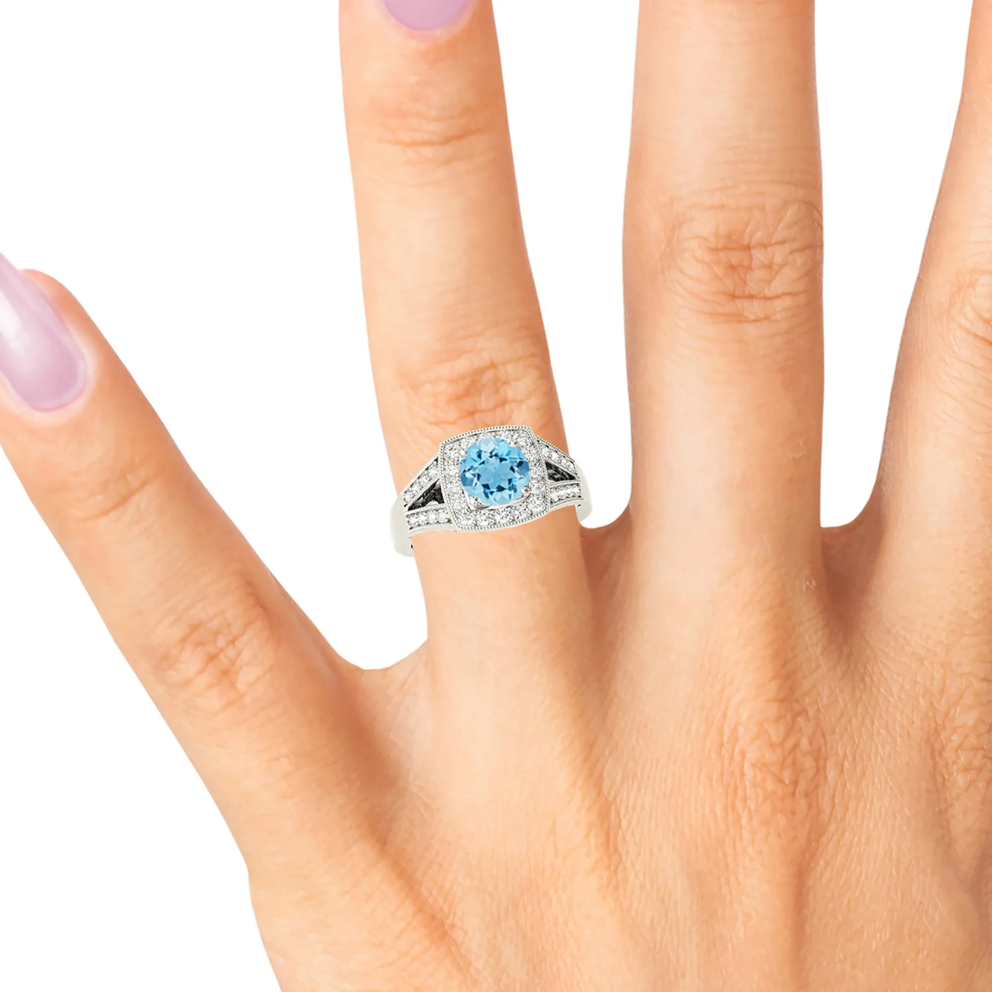 1.65 ct. Genuine Aquamarine Ring With Cushion Halo And Fancy Filigree Diamond
