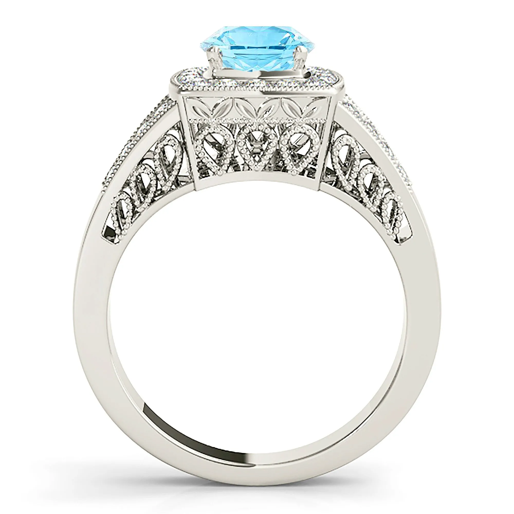 1.65 ct. Genuine Aquamarine Ring With Cushion Halo And Fancy Filigree Diamond