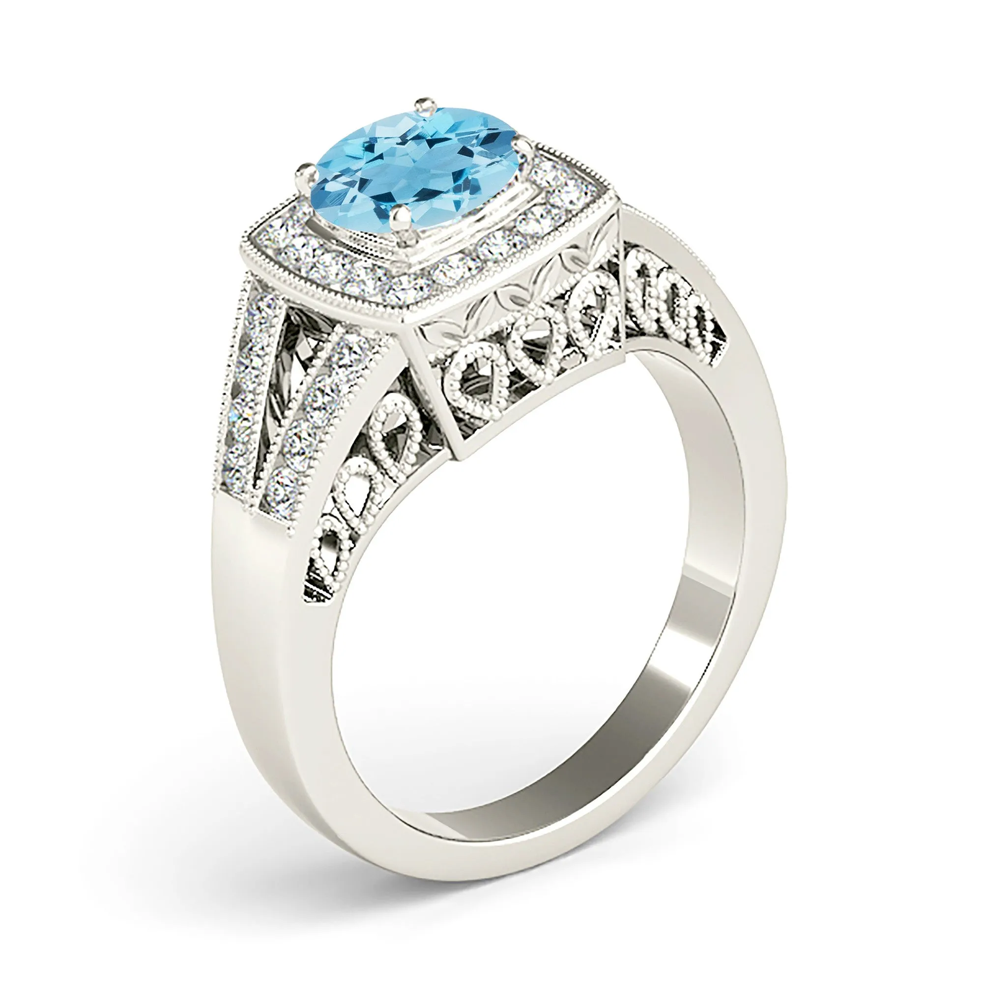 1.65 ct. Genuine Aquamarine Ring With Cushion Halo And Fancy Filigree Diamond