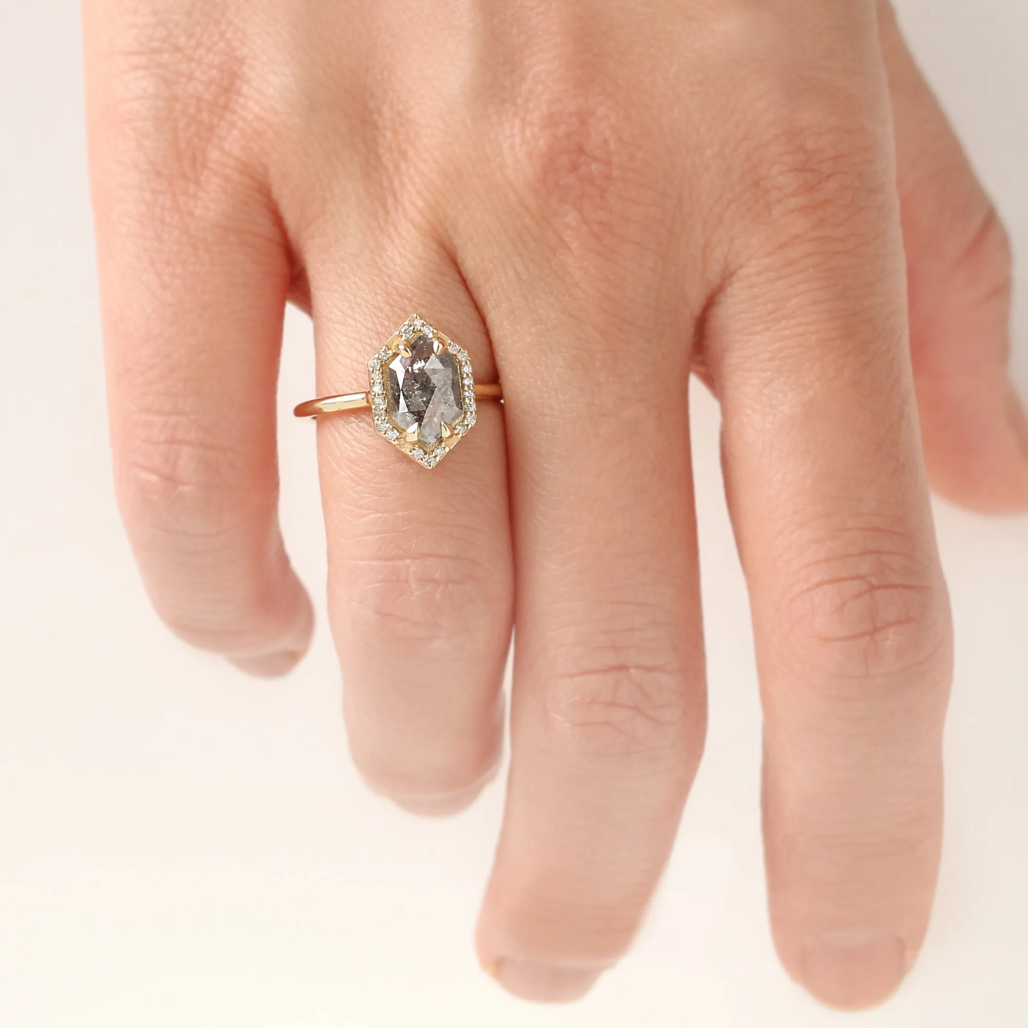 1.85ct. Hexagon Salt and Pepper Diamond Halo Ring