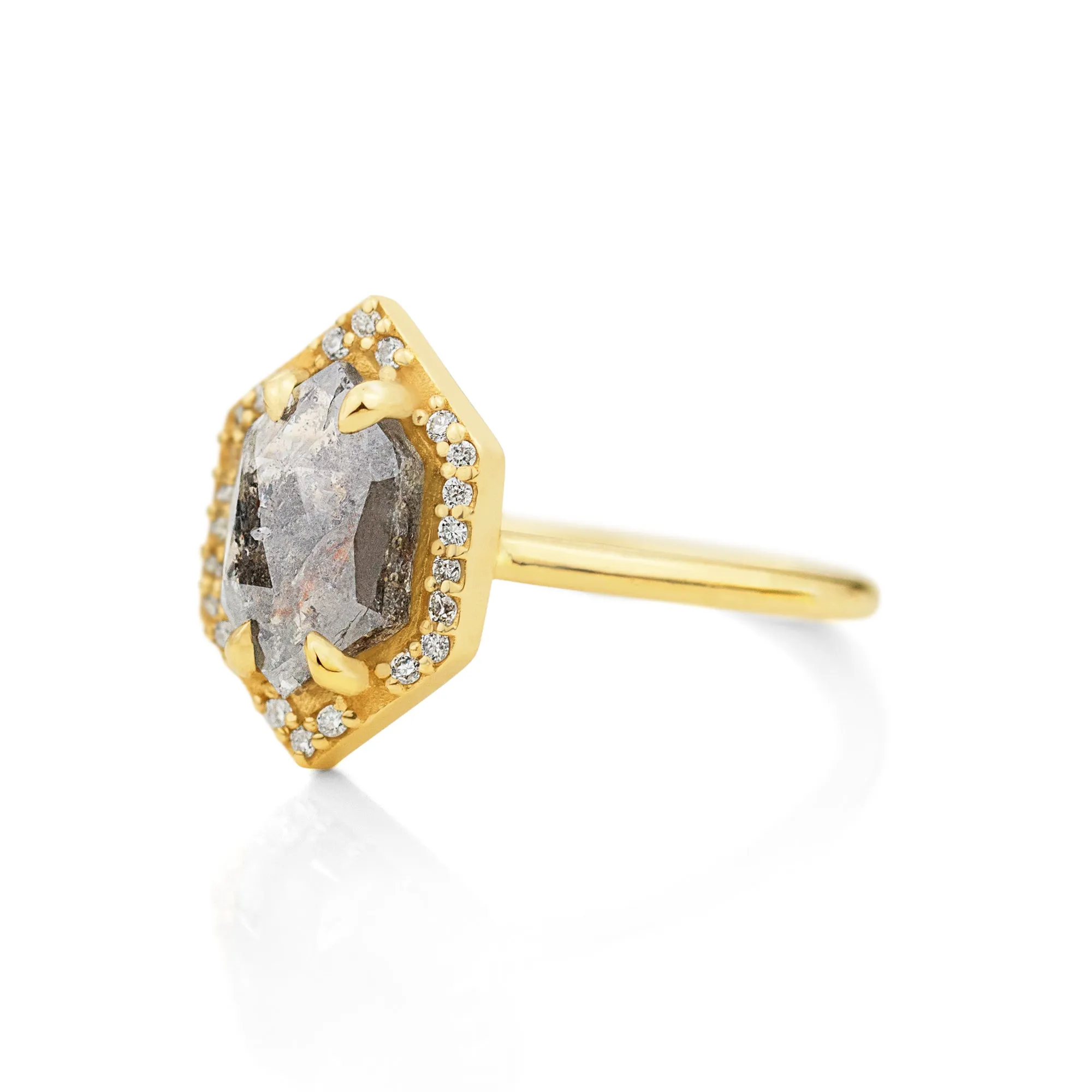 1.85ct. Hexagon Salt and Pepper Diamond Halo Ring