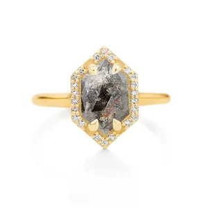 1.85ct. Hexagon Salt and Pepper Diamond Halo Ring