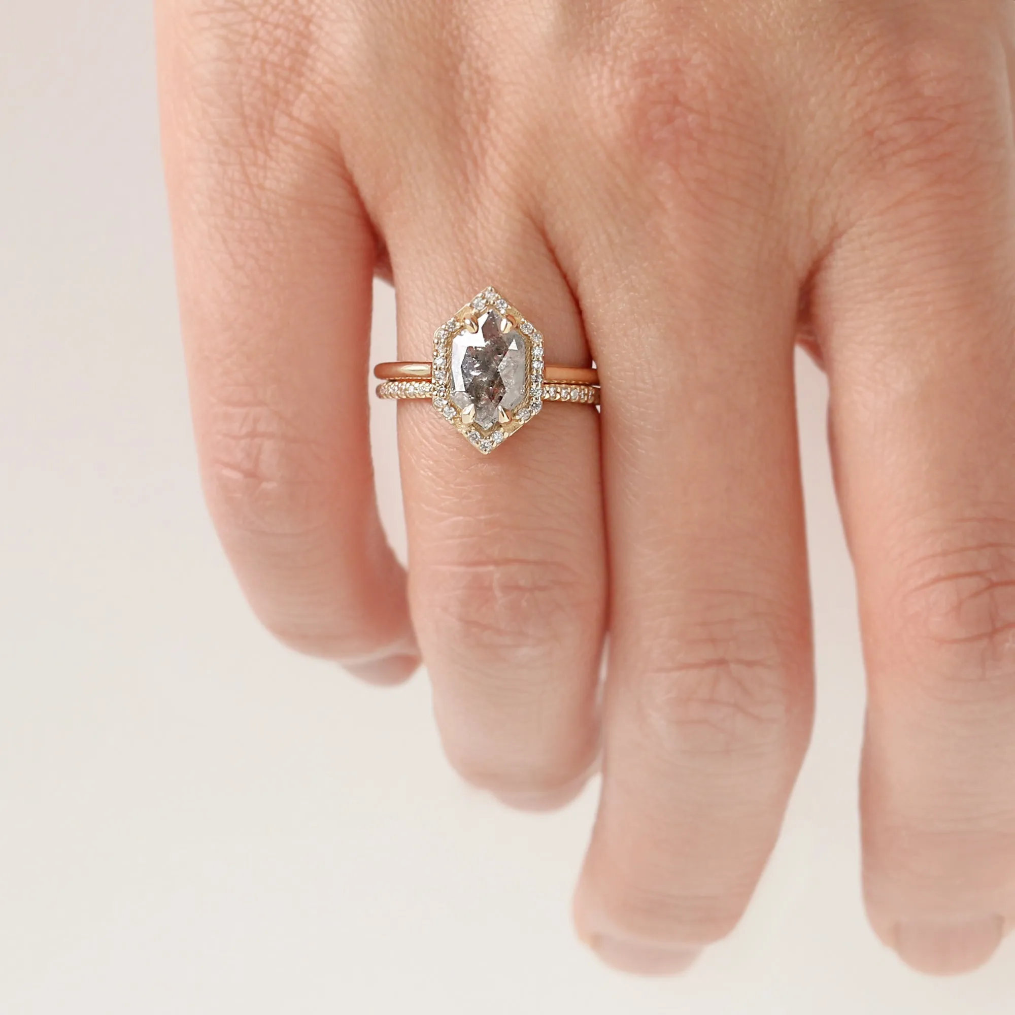 1.85ct. Hexagon Salt and Pepper Diamond Halo Ring