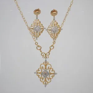 18K Two Toned 1.00ct F VS2 Round Diamond Necklace and Earrings Set