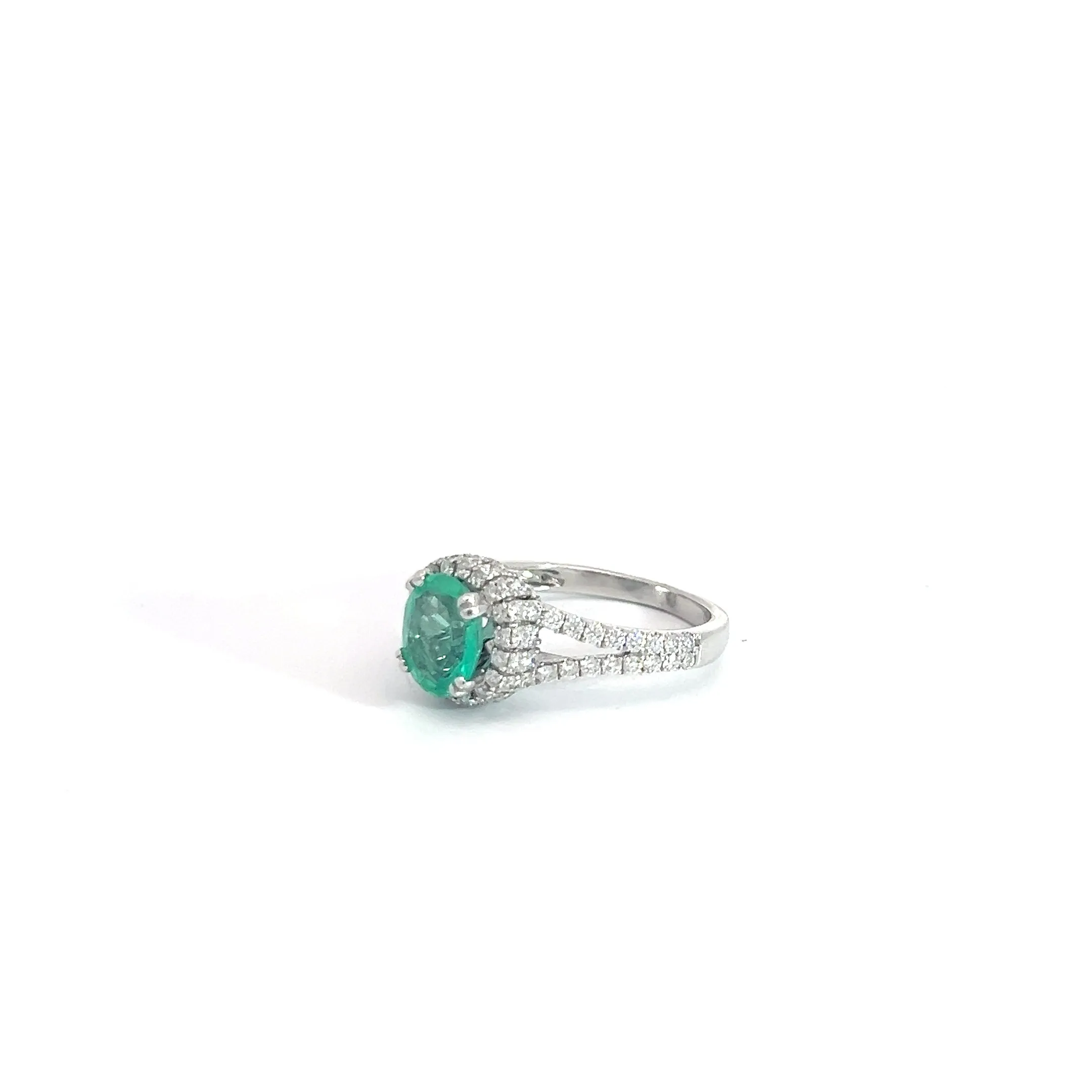 18k White Gold 1.44ct Colombian Oval Emerald/ 1.35ct F VS2 Round Diamond Ring Size 6 1/2