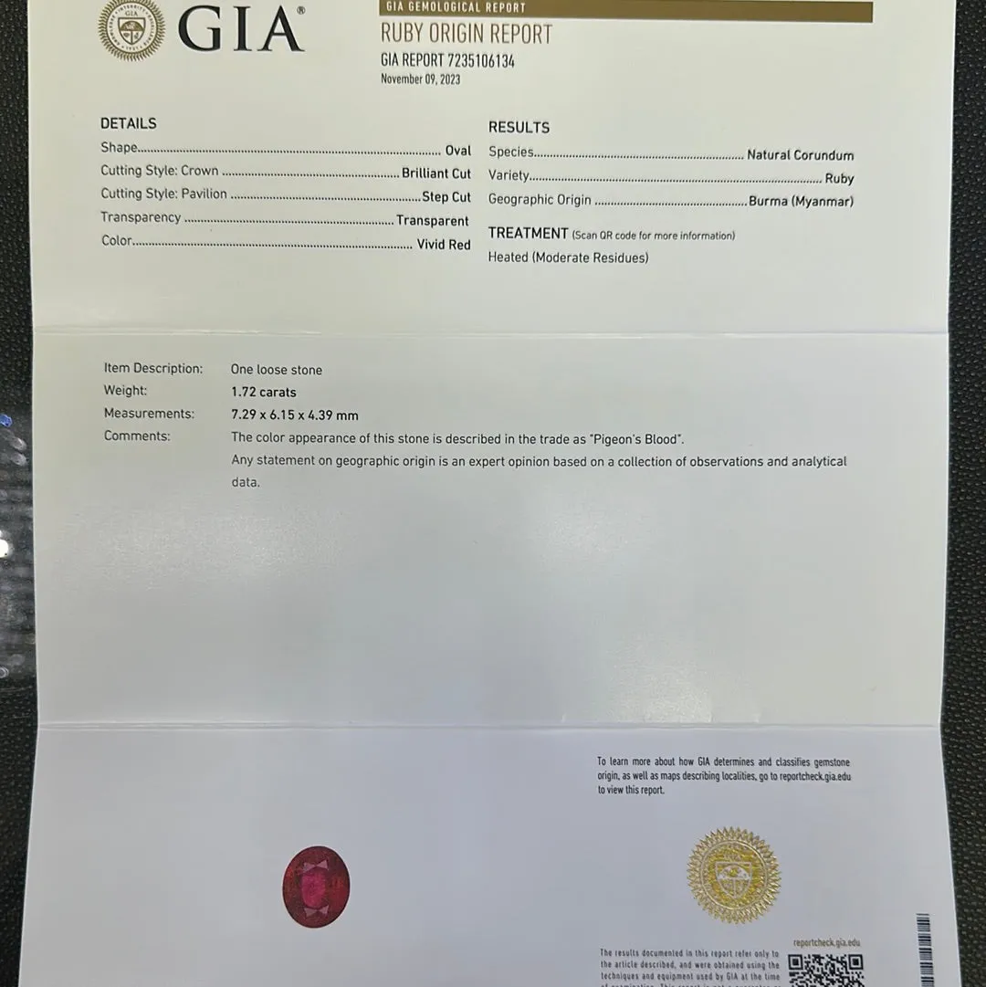 18k white gold 1.72ct Oval AA Burma Ruby and .35ct F VS2 Baguette Diamond ring Certified by GIA # 7235106134