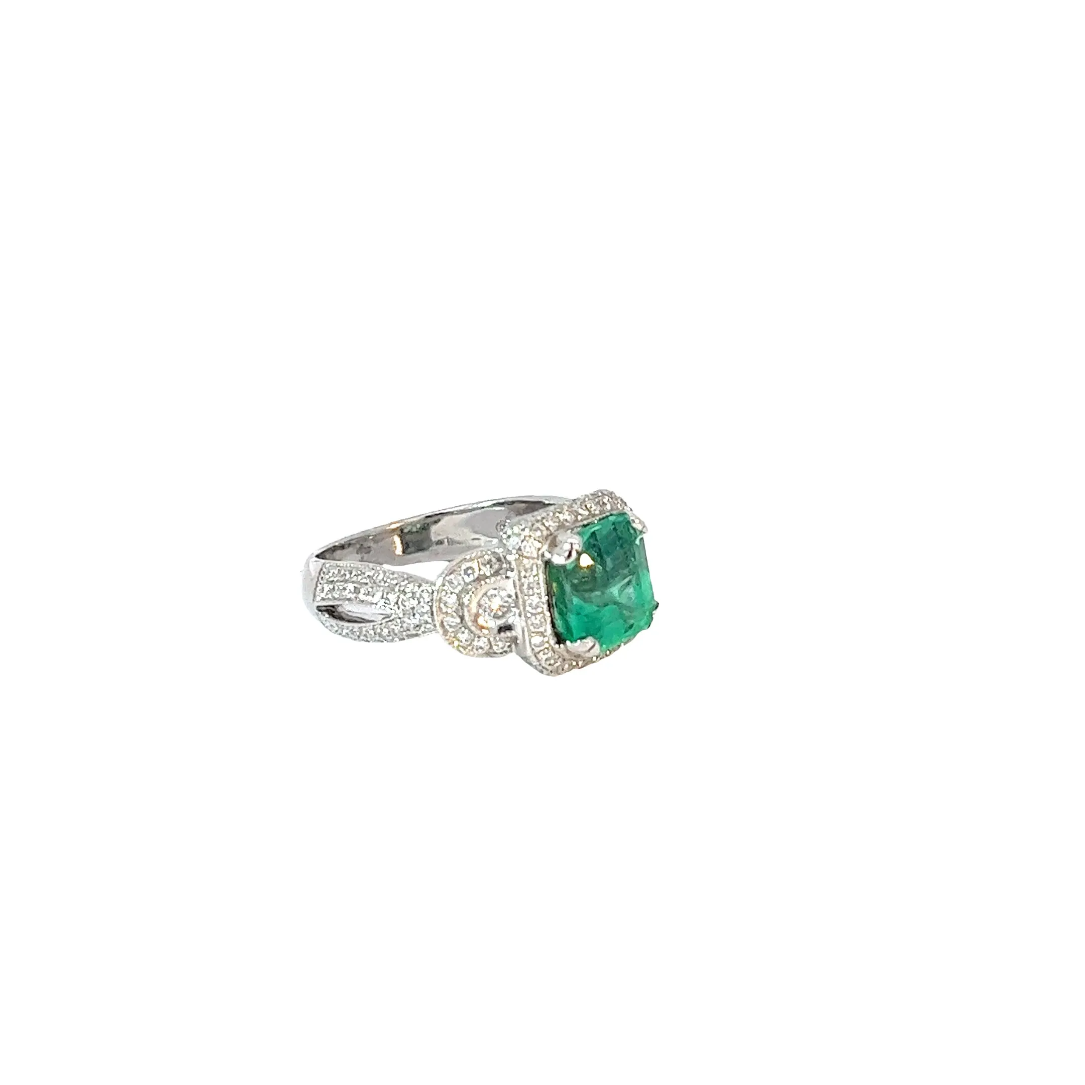18k White Gold 2.70ct Emerald Cut Shaped Columbian Emerald and .90ct G VS2 Round Diamond Ring