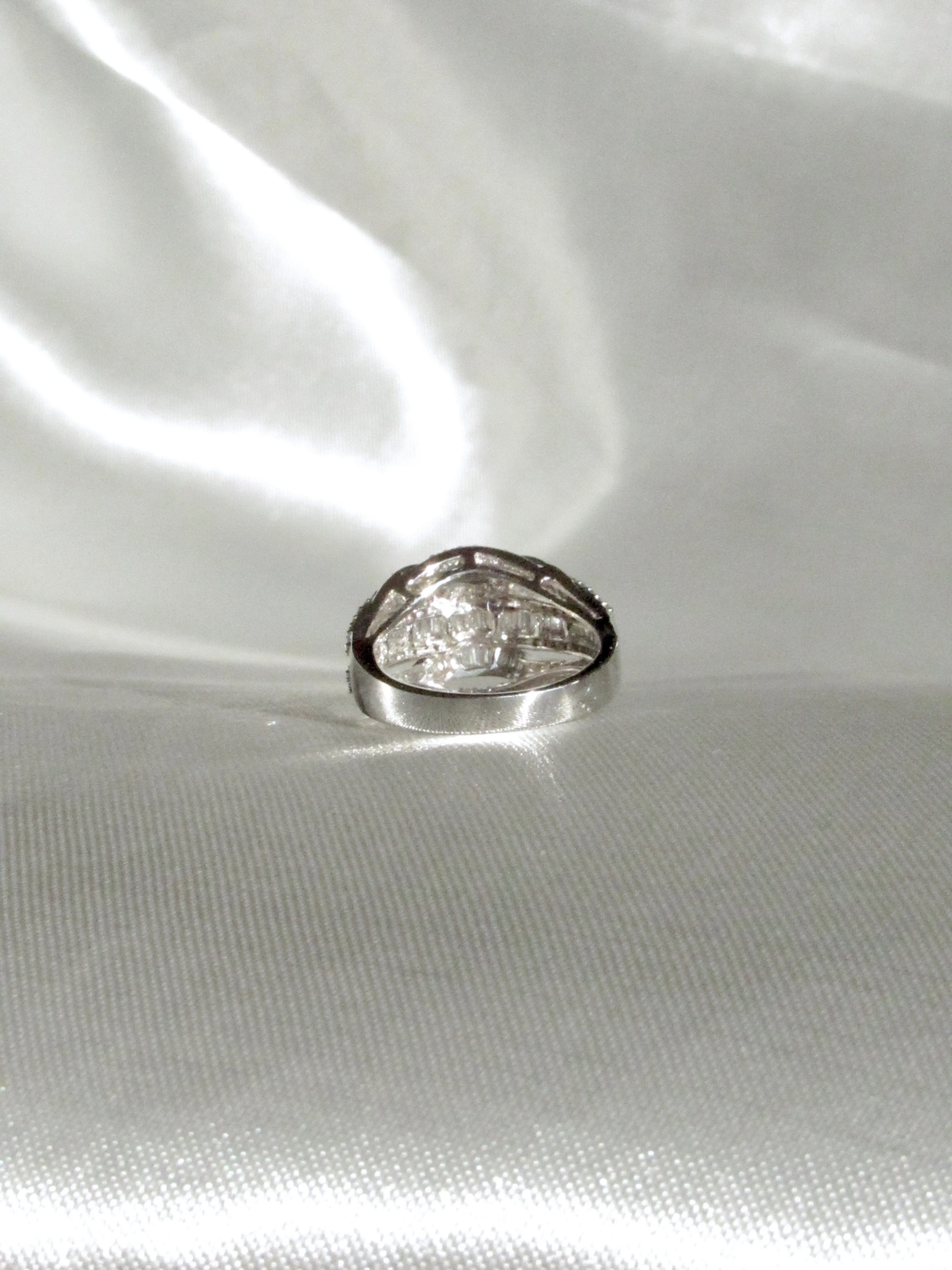18K White Gold Natural Baguette & Round Diamond Rococo Crossover Ring