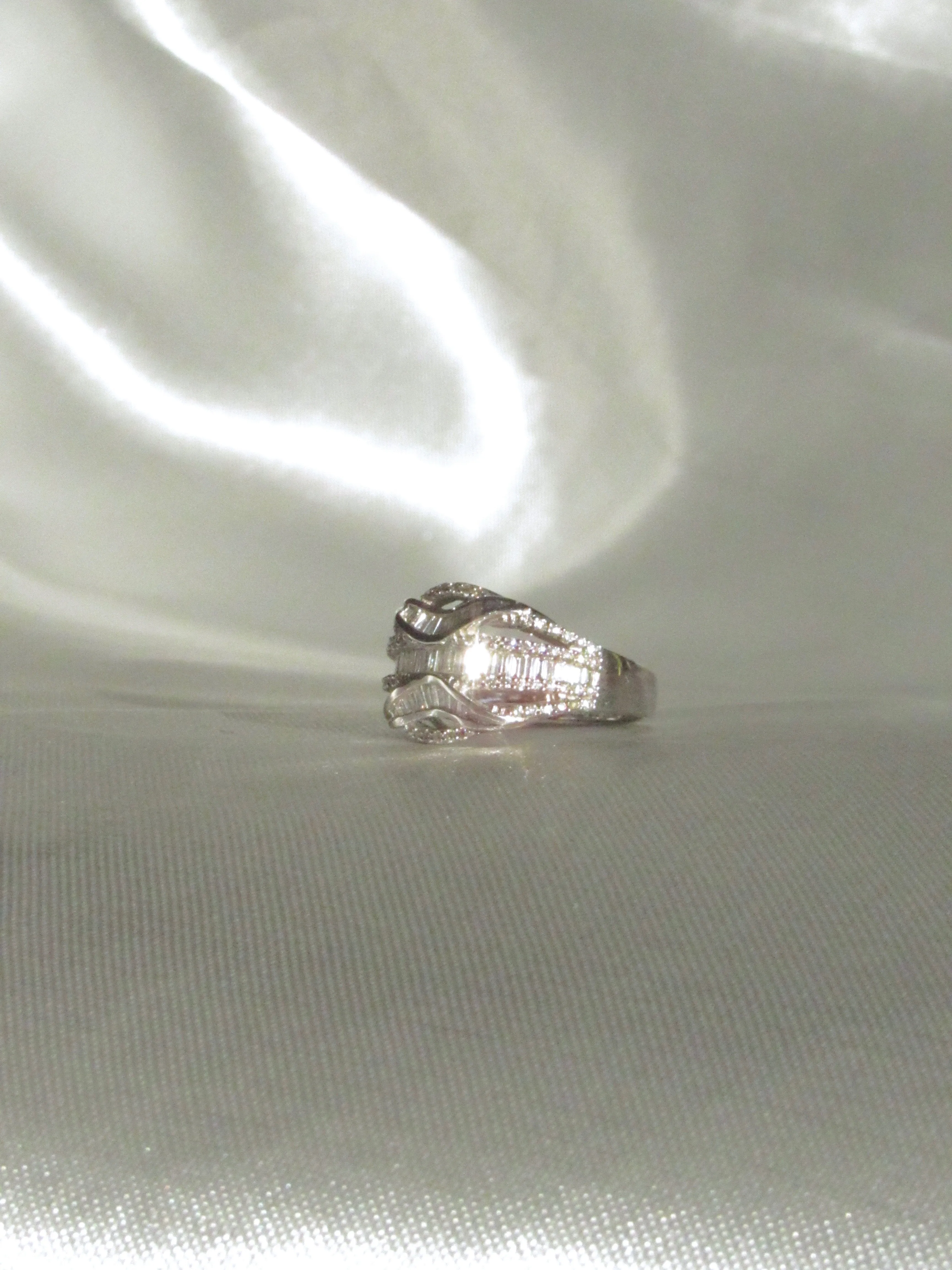 18K White Gold Natural Baguette & Round Diamond Rococo Crossover Ring