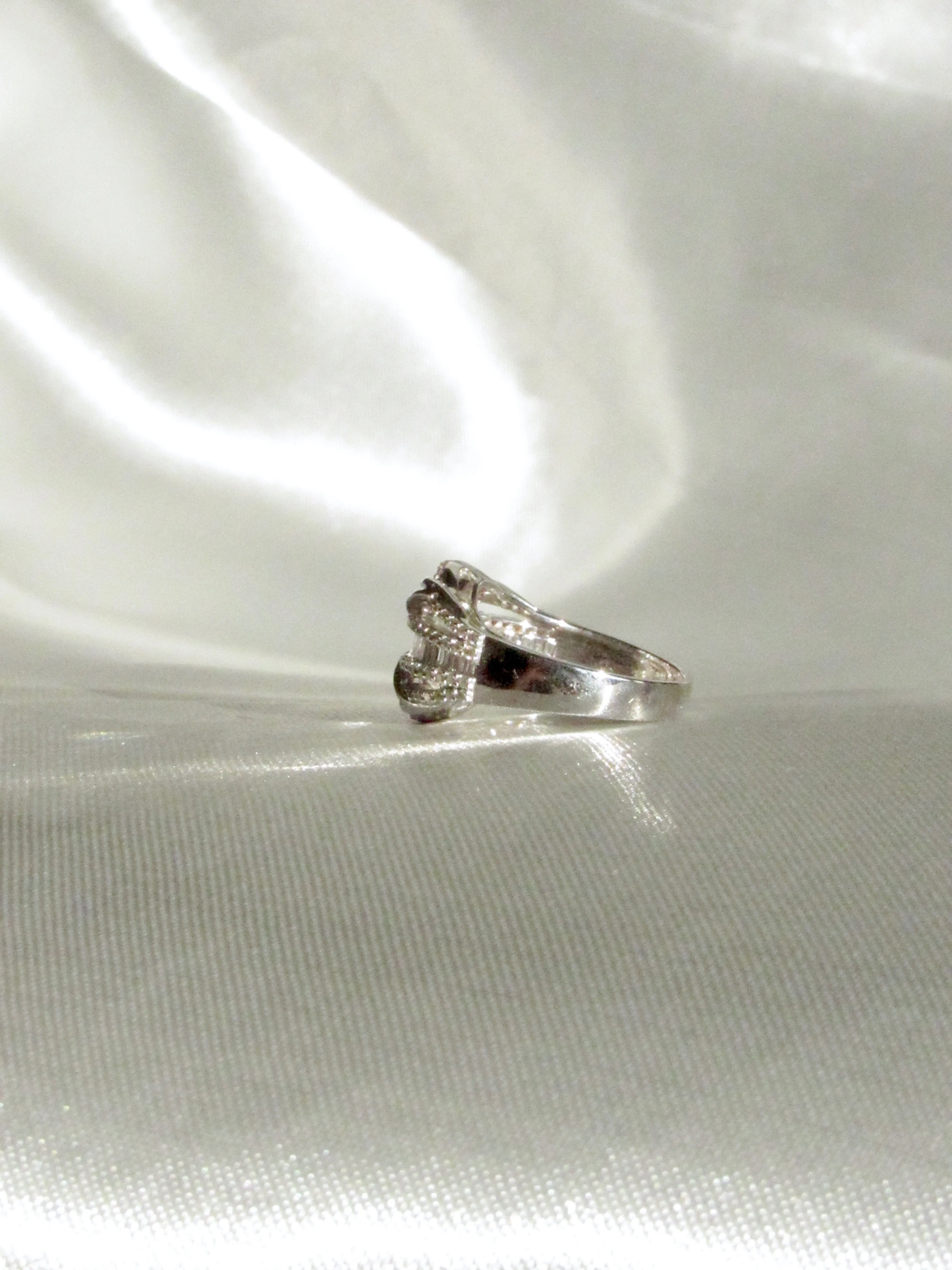 18K White Gold Natural Baguette & Round Diamond Rococo Crossover Ring