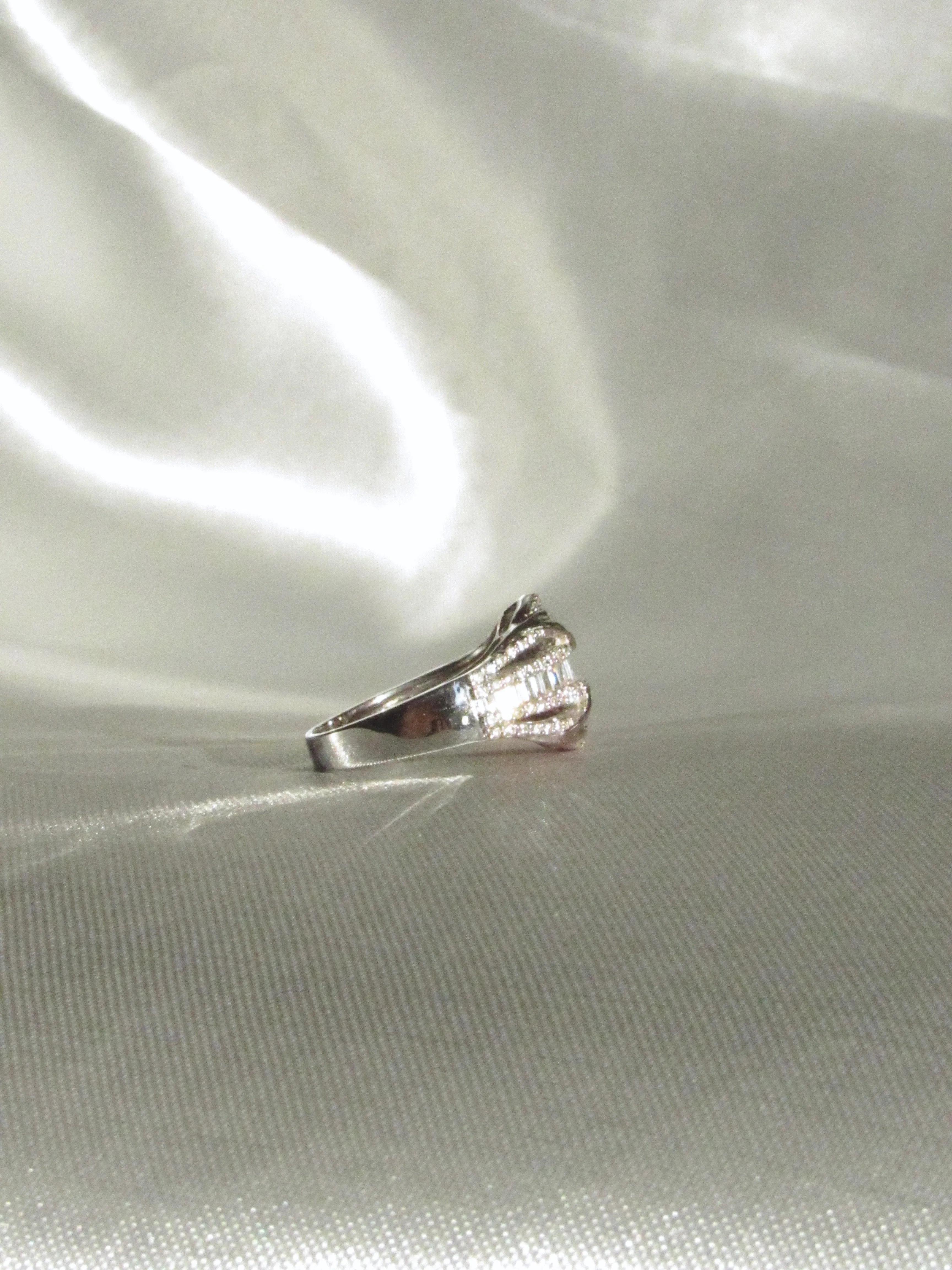 18K White Gold Natural Baguette & Round Diamond Rococo Crossover Ring