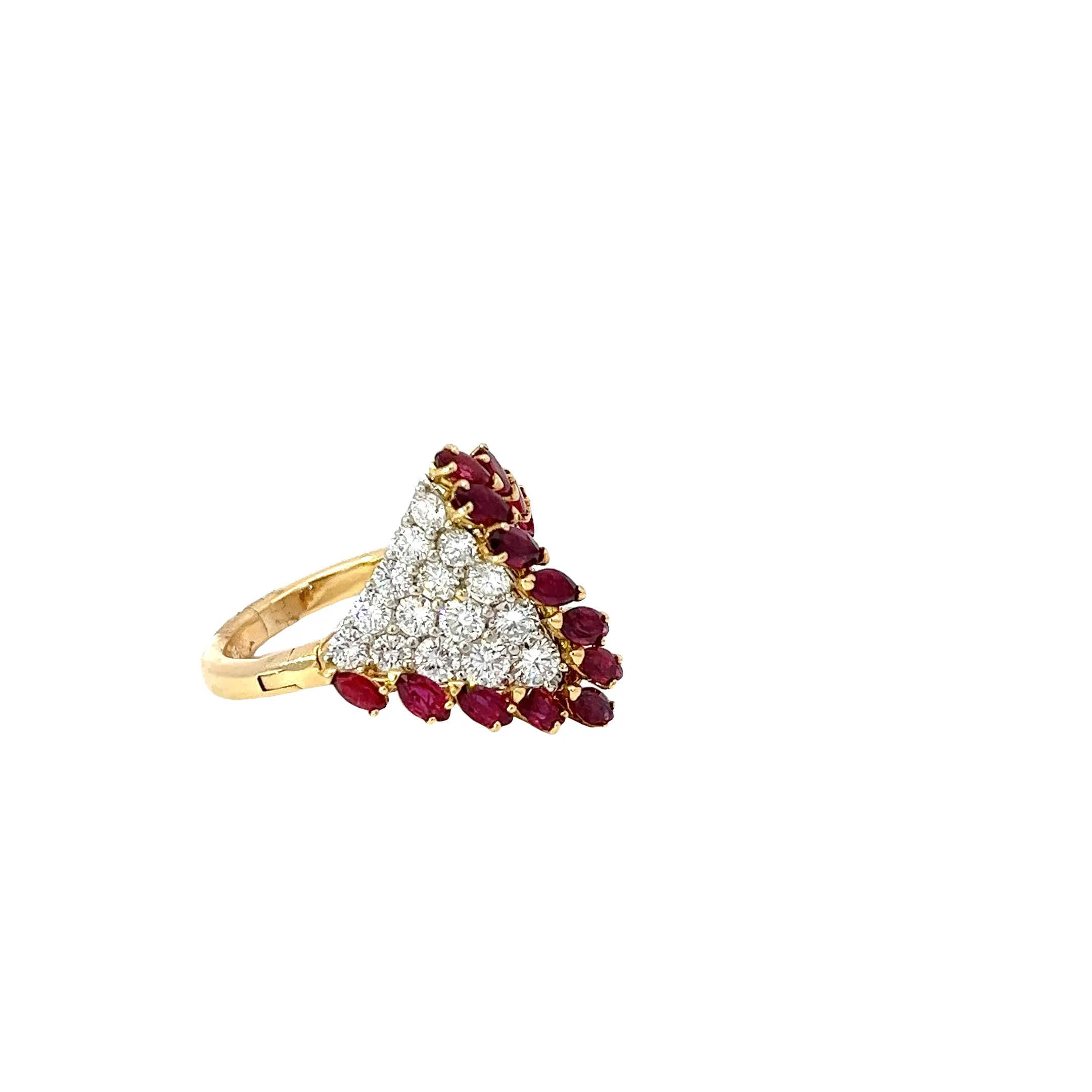 18k Yellow Gold 3.00ct F VS2 Round Diamond and 2.00ct Marquise AAA Ruby Ring