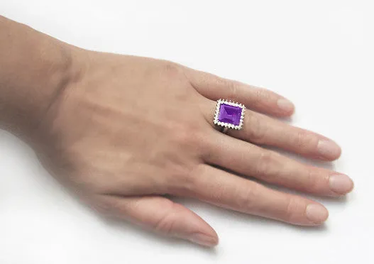 1950's Retro Ballerina Amethyst Cocktail Ring with Diamonds in 18 Karat White Gold
