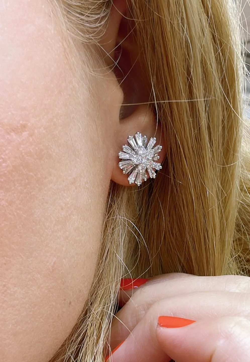 1.97ct tw Diamond Baguette Starburst Flower Fancy Earrings