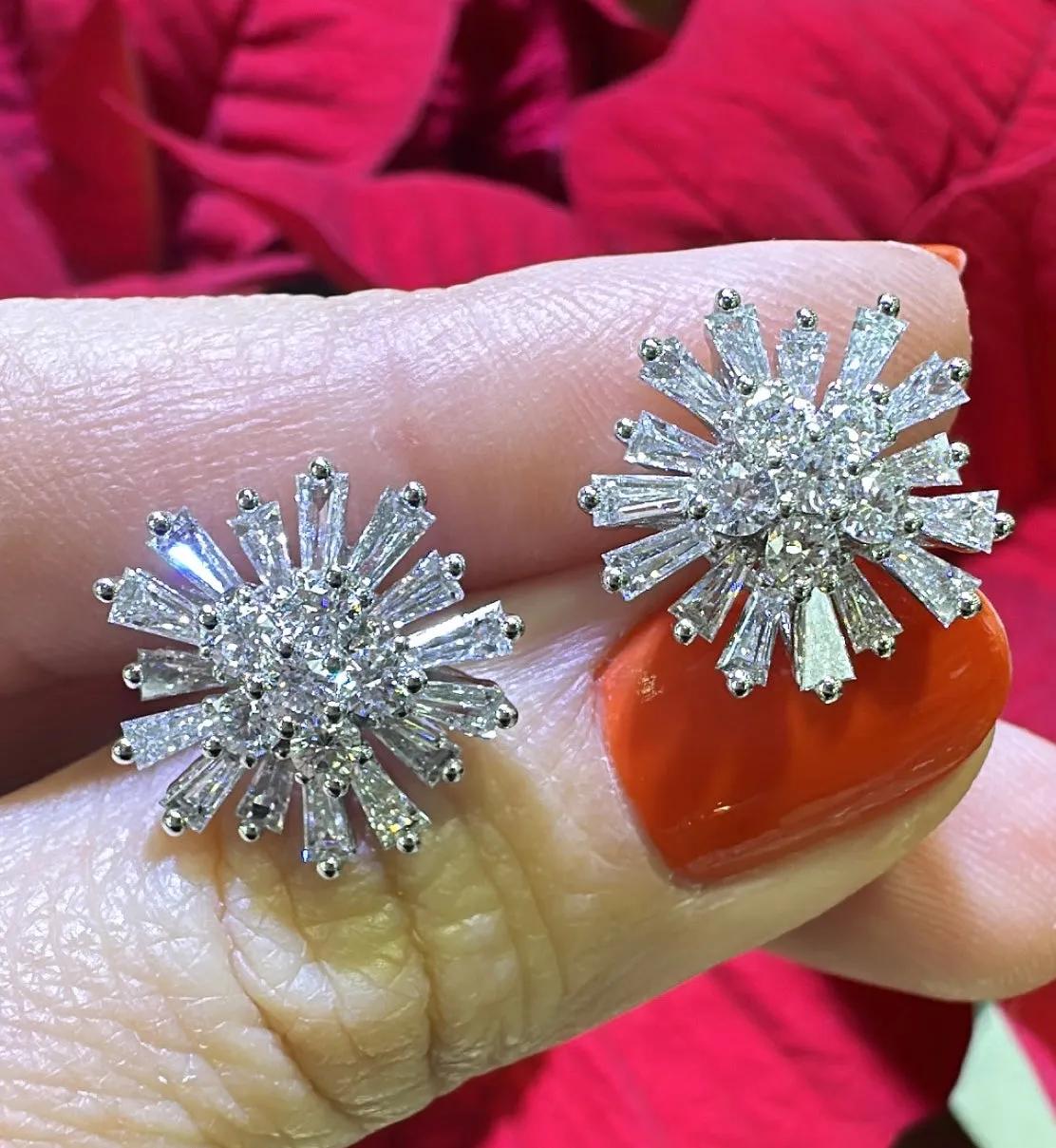 1.97ct tw Diamond Baguette Starburst Flower Fancy Earrings