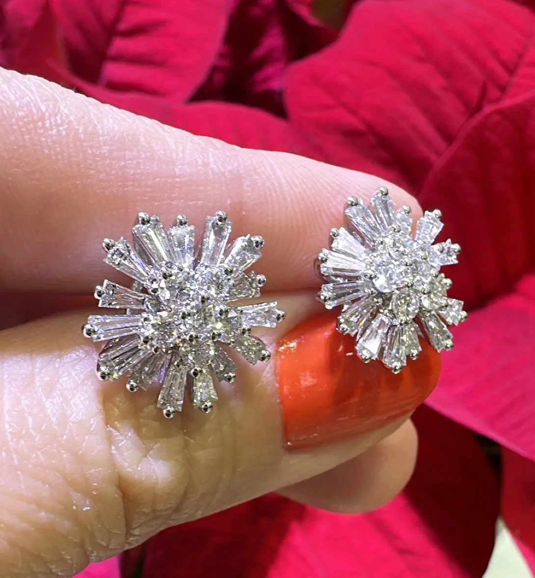 1.97ct tw Diamond Baguette Starburst Flower Fancy Earrings